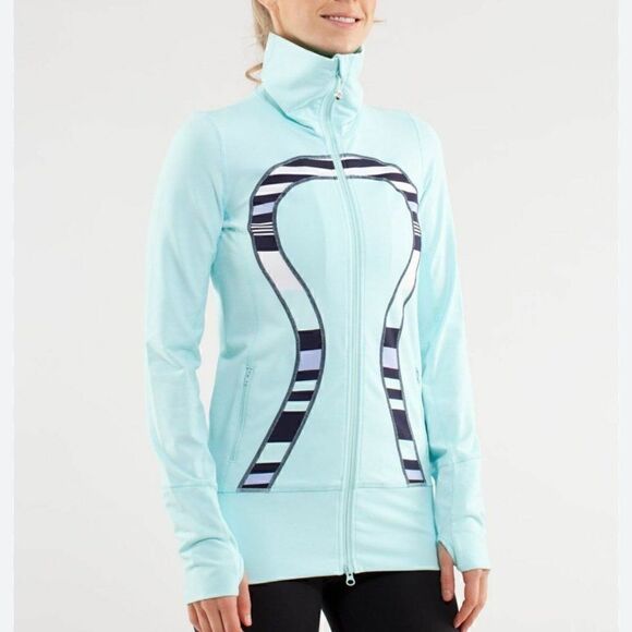 Lululemon Instride Jacket Size 4 Light Blue Striped Omega Logo Long Length - Picture 9 of 9